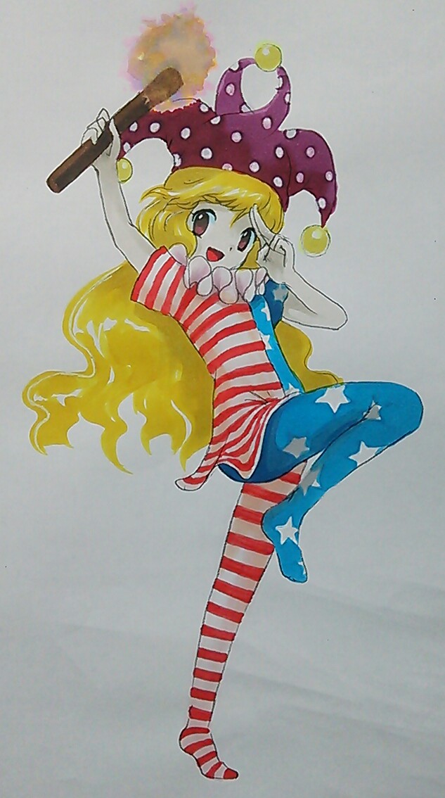 1girl american_flag_legwear american_flag_shirt blonde_hair clownpiece hat jester_cap leg_up long_hair looking_at_viewer looking_to_the_side no_wings oota_jun'ya_(style) open_mouth pantyhose purple_hair salute short_sleeves shu_(loveeater) smile solo standing_on_one_leg torch touhou very_long_hair
