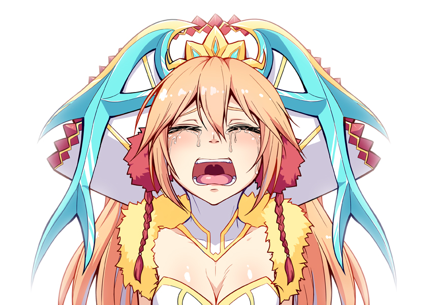 1girl breasts cleavage closed_eyes crying dream_demon hat long_hair open_mouth puzzle_&amp;_dragons sakuya_(p&amp;d) simple_background solo tears teeth tongue white_background