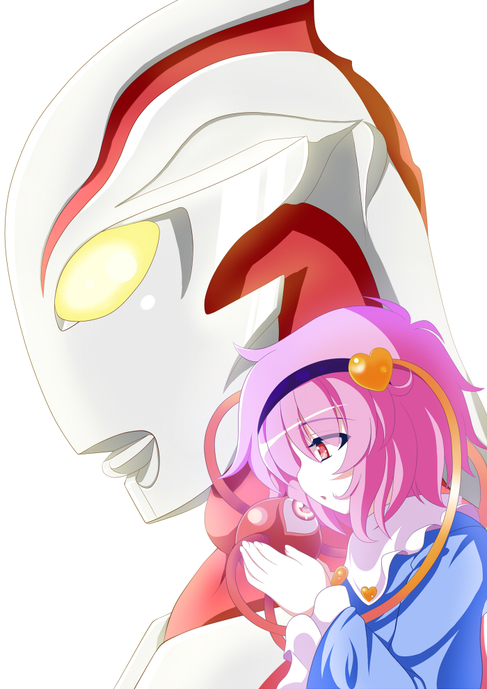 1boy 1girl :o blue_dress crossover dress eyeball hairband heart komeiji_satori open_mouth pink_hair profile red_eyes short_hair size_difference tagme third_eye touhou ultra_series ultraman_mebius ultraman_mebius_(series) white_background wontam