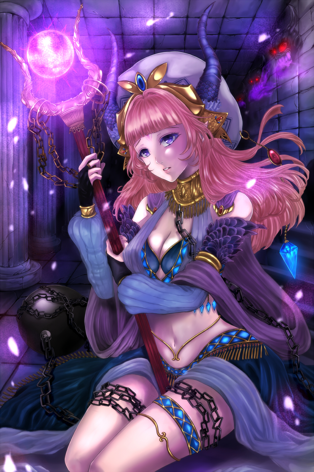 1girl anklet ball_and_chain bangs black_gloves breasts chain chain_chronicle cleavage detached_sleeves facial_mark forehead_mark gem ginshima_jill gloves glowing glowing_eyes hat highres horns jewelry midriff navel original pink_hair sitting solo staff violet_eyes