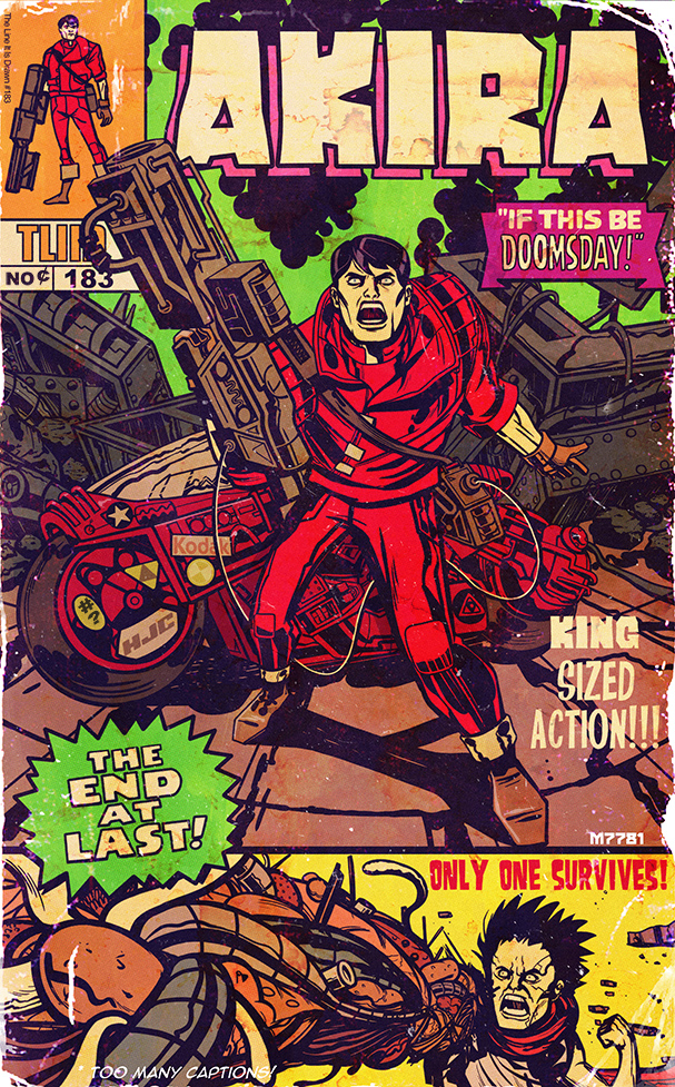 2boys 60s akira angry artist_request black_hair blue_eyes boots cable cape comic cover cyborg damaged debris dirty energy energy_cannon energy_gun fake_cover gloves jack_kirby_(style) jacket kaneda_shoutarou knee_boots laser_rifle looking_at_viewer motor_vehicle motorcycle multiple_boys old oldschool parody red_jacket ruins science_fiction screaming shima_tetsuo short_hair spiky_hair sticker tagme tentacles vehicle veins weapon