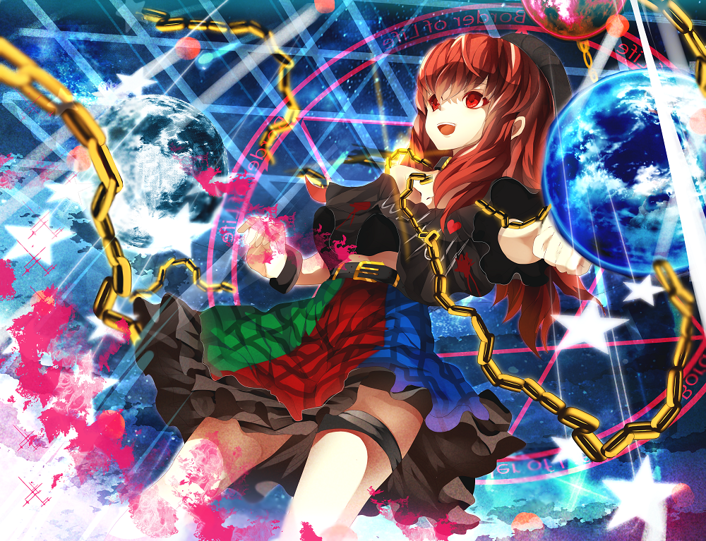 1girl chain collar earth hat hecatia_lapislazuli long_hair magic_circle moon open_mouth red_eyes redhead shirt skirt smile solo space spell thigh_strap touhou yen_(ibukinari)