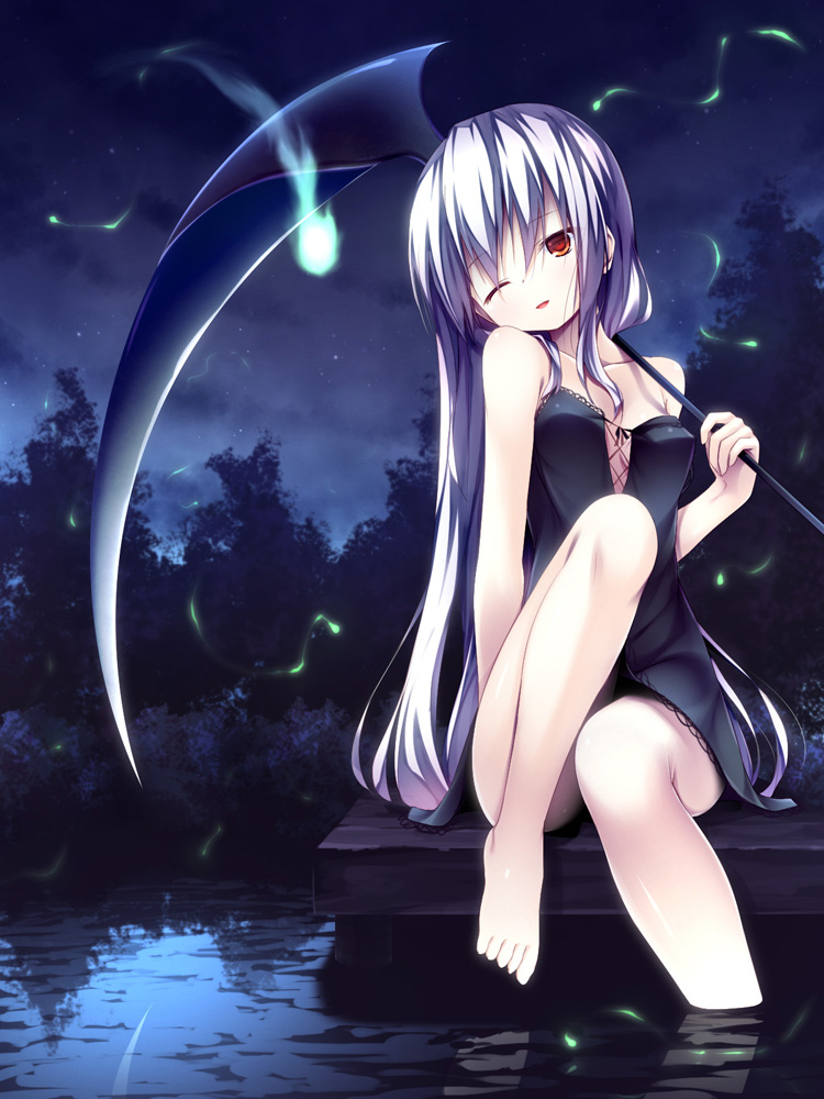 1girl ;o bare_legs barefoot black_dress dress firefly grey_hair night night_sky one_eye_closed original parted_lips red_eyes reflection scythe sitting sky solo water yuku_(kiollion)