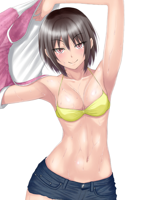 1girl bikini_top brown_eyes brown_hair cutoffs muffin_(sirumeria) short_hair solo sweat sweating sweating_profusely wet