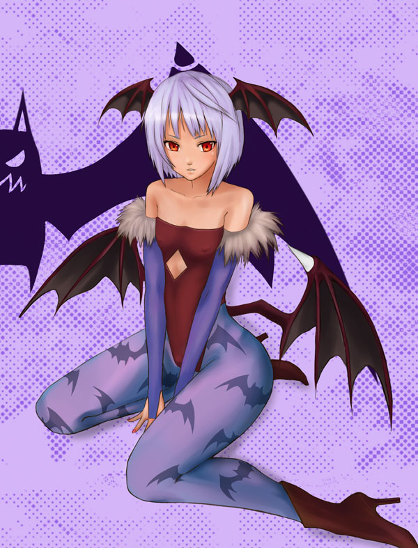 1girl bare_shoulders bat_print bat_wings bridal_gauntlets capcom collarbone demon_girl female flat_chest head_wings high_heels leotard lilith_aensland pantyhose print_legwear purple_hair red_eyes ryusuke1234 short_hair solo succubus vampire_(game) wings