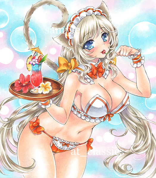 1girl animal_ears at_classics blue_background blue_eyes blush bow bra breasts bubble_background cat_ears cat_girl cat_tail cherry cleavage cowboy_shot energy_ball flower flower_request food frilled_bra frilled_collar frilled_panties frills fruit gradient gradient_background hair_bow head_tilt hips large_breasts long_hair looking_at_viewer maid maid_headdress mouth_hold navel original panties paw_pose purple_background ribbon-trimmed_panties silver_hair solo tagme tail thighs traditional_media tray twintails underwear very_long_hair watermark white_background wrist_cuffs