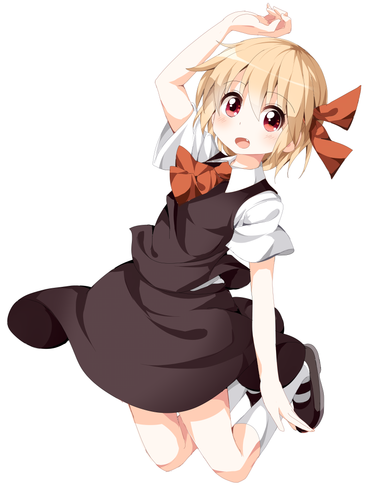 1girl arched_back arm_above_head ascot blonde_hair fang folded_leg hair_ribbon kneehighs looking_at_viewer mary_janes open_mouth rakugakiyarou red_eyes ribbon rumia shoes short_hair short_sleeves simple_background skirt skirt_set solo touhou white_background white_legwear