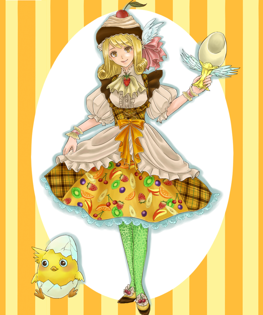 1girl apple_slice bird blonde_hair bow cherry chick dress egg eggshell_hat food food_as_clothes food_themed_clothes fruit ginshima_jill green_legwear hat highres kiwi looking_at_viewer orange_slice original personification pocketland pudding skirt_hold smile solo strawberry striped striped_background yellow_eyes