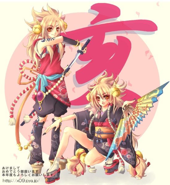 amber_eyes bell blonde_hair blush bow fan kimono leg_warmers long_hair nekomimi shorts sword tabi tattoo