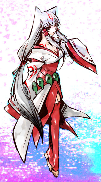 amaterasu ammy animal_ears barefoot belt bodypaint breasts cleavage doggirl feet grey_hair hair_ornament hair_ribbon inumimi japanese_clothes kimono long_hair long_sleeves magatama miko multicolored_hair okami ookami ookamimimi open_mouth personification red_eyes red_legwear ribbon silver_hair solo standing thigh_highs thighhighs toeless_socks toes two-tone_hair very_long_hair white_hair wolf_ears wolfgirl zettai_ryouiki