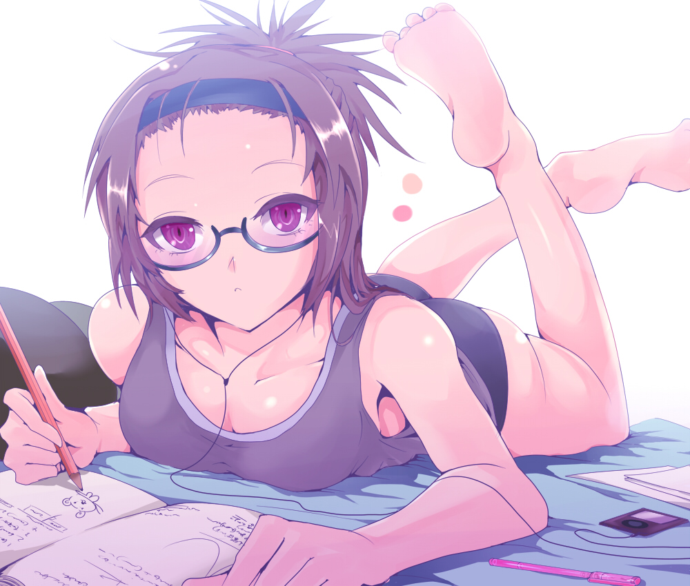 ass bare_shoulders barefoot bed black_panties breasts brown_hair cleavage digital_media_player drawing feet forehead glasses hairband ipod kasai_shin legs_up lying on_stomach original panties pen pencil red_eyes short_hair solo underwear wooden_pencil