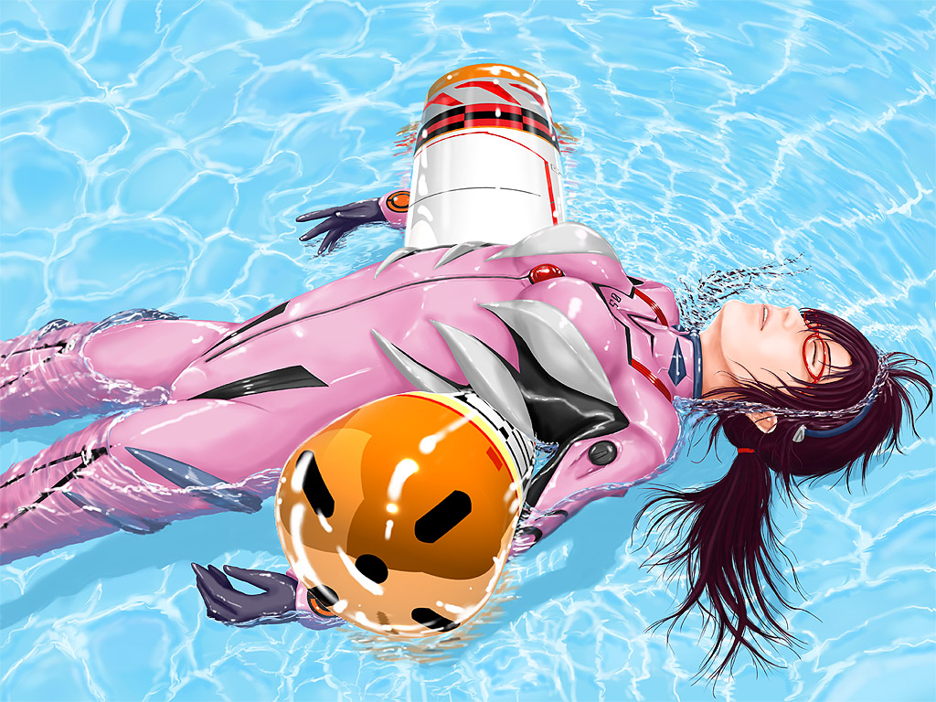 afloat breasts brown_hair closed_eyes entry_plug evangelion:_2.0_you_can_(not)_advance glasses hairband latex long_hair makinami_mari_illustrious neon_genesis_evangelion plugsuit pool realistic rebuild_of_evangelion solo takeout unconscious water wet