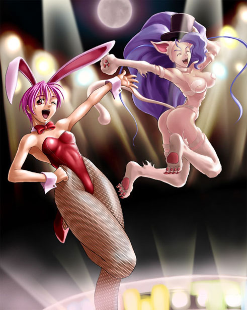 animal_ears ass blue_hair bow bowtie breasts bunny_ears bunnysuit capcom cat_ears cat_tail catgirl closed_eyes cuffs dark_stalkers felicia fishnet_pantyhose fishnets flat_chest fur game hand_on_hip hat highleg jumping kagami leg_lift lilith_aensland long_hair moon multiple_girls nekomimi night open_mouth pantyhose paws pettanko pink_hair purple_hair red_eyes short_hair tail thigh_highs top_hat usagimimi vampire_(game) vampire_savior very_long_hair wink wrist_cuffs