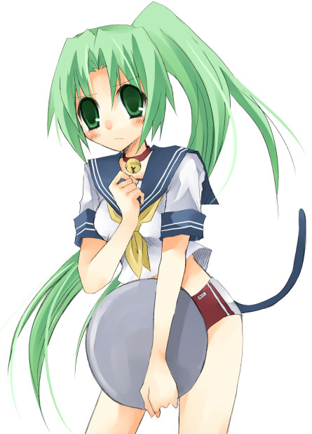 bell bloomers collar green_eyes green_hair higurashi_no_naku_koro_ni mion_sonozaki nekomimi pony_tail seifuku tail necktie uniform