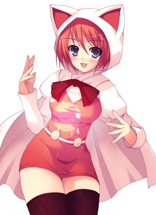 animal_ears bangs blue_eyes blush bob_cut bow cat_ears cat_hood cloak devout dress final_fantasy final_fantasy_v glowing hood lenna_charlotte_tycoon magic nekohood nekomimi open_mouth red_hair redhead short_dress short_hair simple_background smile solo standing thigh_gap thigh_highs thighhighs tomose_shunsaku white_background white_mage zettai_ryouiki