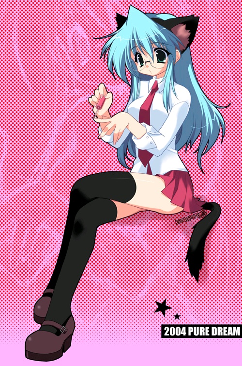 blue_eyes blue_hair cat_ears emily_(pure_dream) glasses green_eyes green_hair long_hair miniskirt necktie nekomimi seifuku skirt tail thigh_highs thighhighs uniform white_shirt zettai_ryouiki