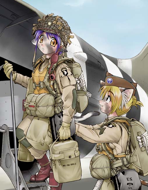 amber_eyes animal_ears army black_eyes blonde_hair boots bun camouflage cat_ears ebifly gloves hat helmet military military_uniform nekomimi pants parachute purple_hair uniform world_war_ii