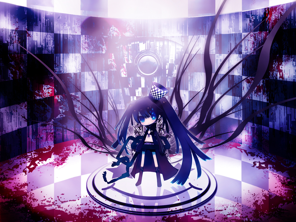 +_+ bangs belt bikini_top black_hair black_rock_shooter black_rock_shooter_(character) blood blue_eyes boots chain checkered chibi coat flat_chest front-tie_top gloves glowing glowing_eyes hat hood hooded_jacket jacket knee_boots long_hair midriff pale_skin puti_devil scar shorts smiley_face solo star twintails uneven_twintails very_long_hair
