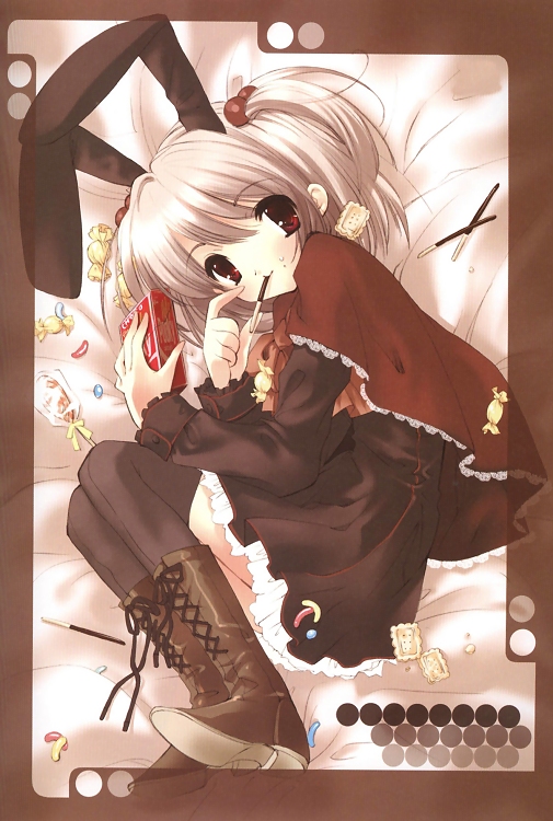 boots brown_hair dress food lolita_fashion noizi_itou pocky red_eyes thigh_highs twintails usagimimi