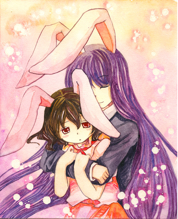 animal_ears bunny_ears hug inaba_tewi long_hair multiple_girls purple_hair rabbit_ears red_eyes reisen_udongein_inaba shiroaisa short_hair touhou traditional_media watercolor watercolor_(medium)