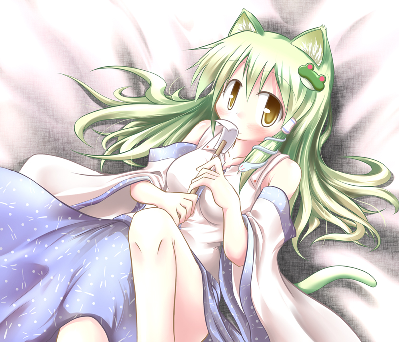 animal_ears baerun blush cat_ears cat_tail detached_sleeves frog gohei green_hair kemonomimi_mode kochiya_sanae lying on_back snake solo tail touhou yellow_eyes