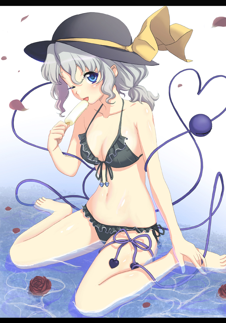 barefoot bikini blue_eyes breasts cleavage flower frills front-tie_top grey_hair hat heart heart_of_string ice_cream kimitoshiin komeiji_koishi letterboxed licking looking_at_viewer ponytail popsicle ribbon rose silver_hair sitting swimsuit touhou wariza water wink