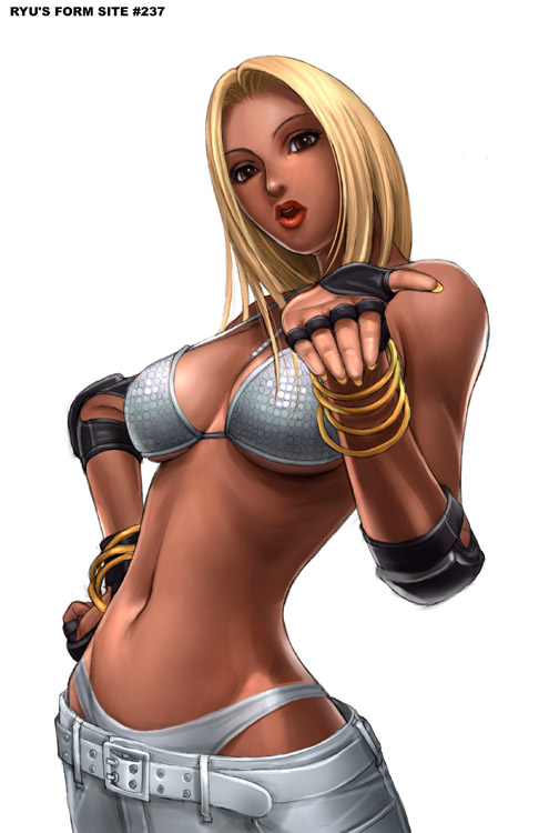 1girl aisha_(rumble_roses) belt bikini blonde_hair bracelet breasts brown_eyes curvy dark_skin gloves hand_on_hip jewelry lips long_hair midriff navel open_mouth rumble_roses ryu_(artist) simple_background solo standing swimsuit white_background