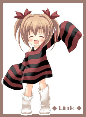 ^_^ blush brown_hair child fang happy link_(artist) loli long_hair long_sleeves loose_socks oversized_shirt pigtails ribbons socks strapless striped twintails undershirt