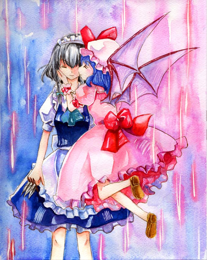 bat_wings blue_hair braid hat izayoi_sakuya knife maid millipen millipen_(medium) multiple_girls remilia_scarlet ribbon shiroaisa short_hair silver_hair touhou traditional_media twin_braids watercolor watercolor_(medium) wings