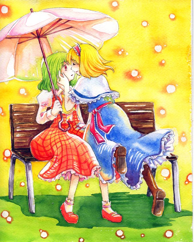 alice_margatroid ascot bench blonde_hair boots green_hair hairband incipient_kiss kazami_yuuka mary_janes millipen millipen_(medium) multiple_girls parasol plaid plaid_skirt plaid_vest red_eyes shiroaisa shoes short_hair sitting skirt skirt_set touhou traditional_media umbrella watercolor watercolor_(medium) yuri