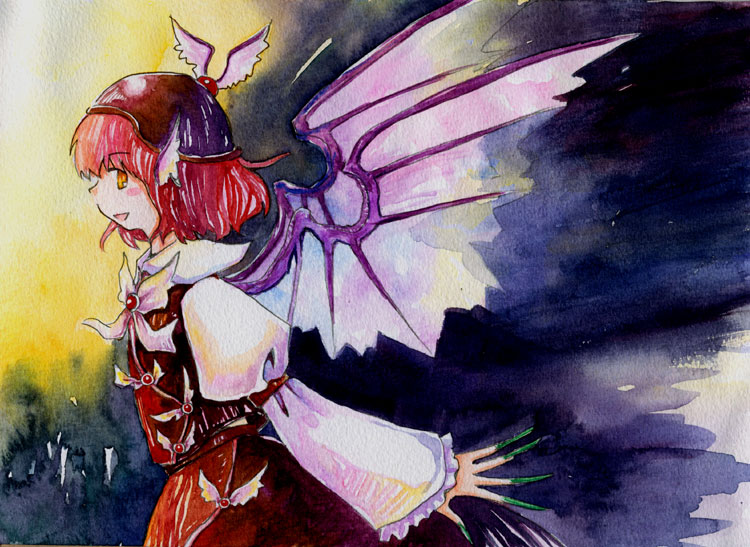 mystia_lorelei pink_hair shiroaisa short_hair touhou traditional_media watercolor watercolor_(medium) wings