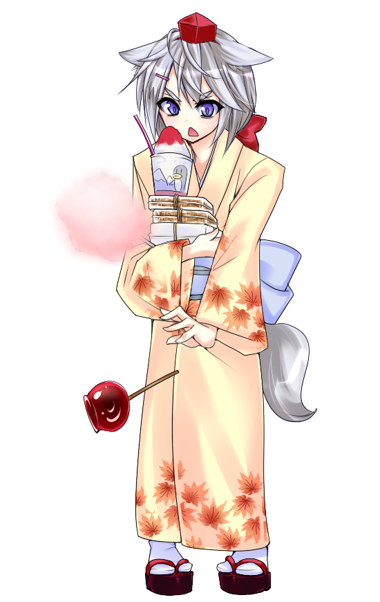 bad_id candy_apple clog_sandals cotton_candy food hair_ornament hairclip hat inubashiri_momiji japanese_clothes kimono purple_eyes shaved_ice short_hair silver_hair simple_background suisen suisen_(aqua_rubia) tail tokin_hat touhou violet_eyes wolf_ears wolf_tail
