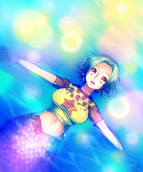 1girl blue_hair breasts camie female green_hair jii large_breasts mermaid midriff monster_girl navel one_piece outstretched_arms partially_submerged red_eyes shirt short_hair short_sleeves solo water