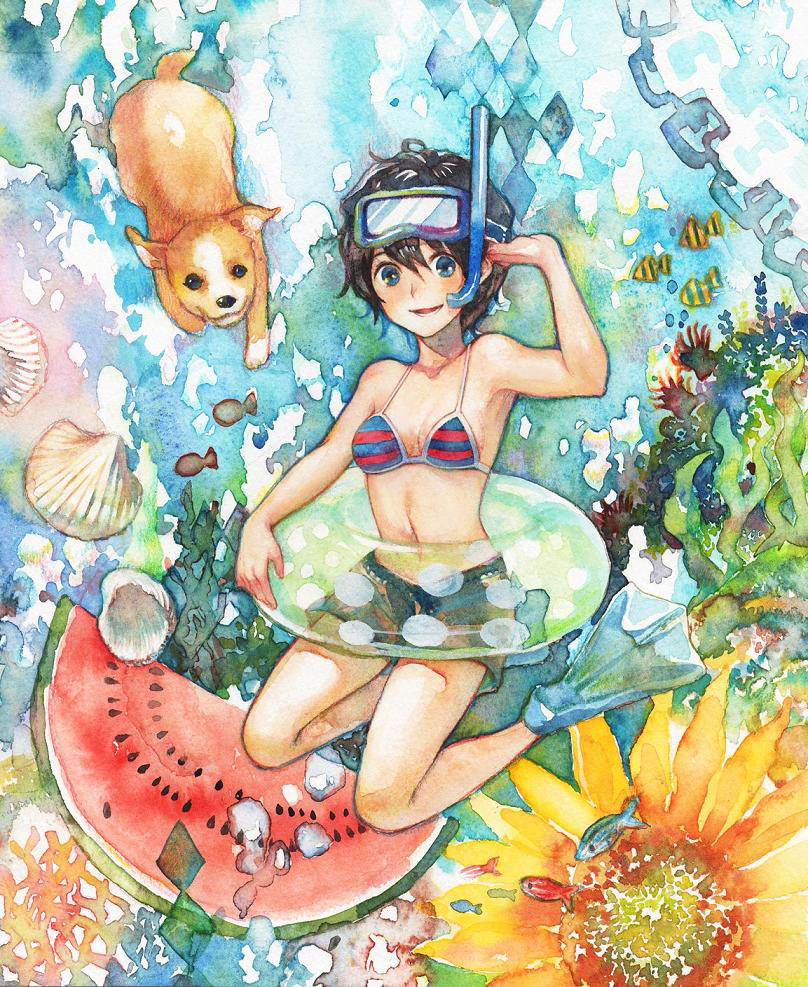 bikini_top black_hair blue_eyes chain chains diving_mask dog fish flippers flower food fruit hutakuri innertube original seaweed shell short_hair shorts snorkel solo sunflower traditional_media underwater watermelon