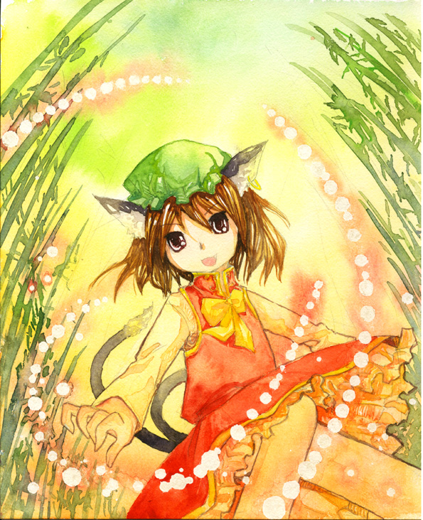 bamboo bamboo_forest blonde_hair cat_ears cat_tail chen danmaku earrings forest hat jewelry multiple_tails nature shiroaisa tail touhou traditional_media watercolor watercolor_(medium)