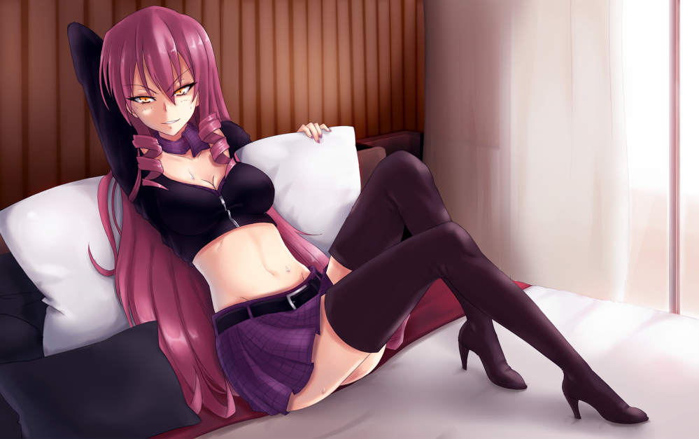 1girl akuma_no_riddle bed breasts cleavage forscience inukai_isuke long_hair looking_at_viewer pink_hair purple_skirt skirt smile solo yellow_eyes