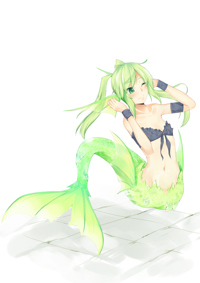 ;) bikini green_eyes green_hair mermaid midriff monster_girl one_eye_closed original otogi_(s_in_w) smile swimsuit twintails