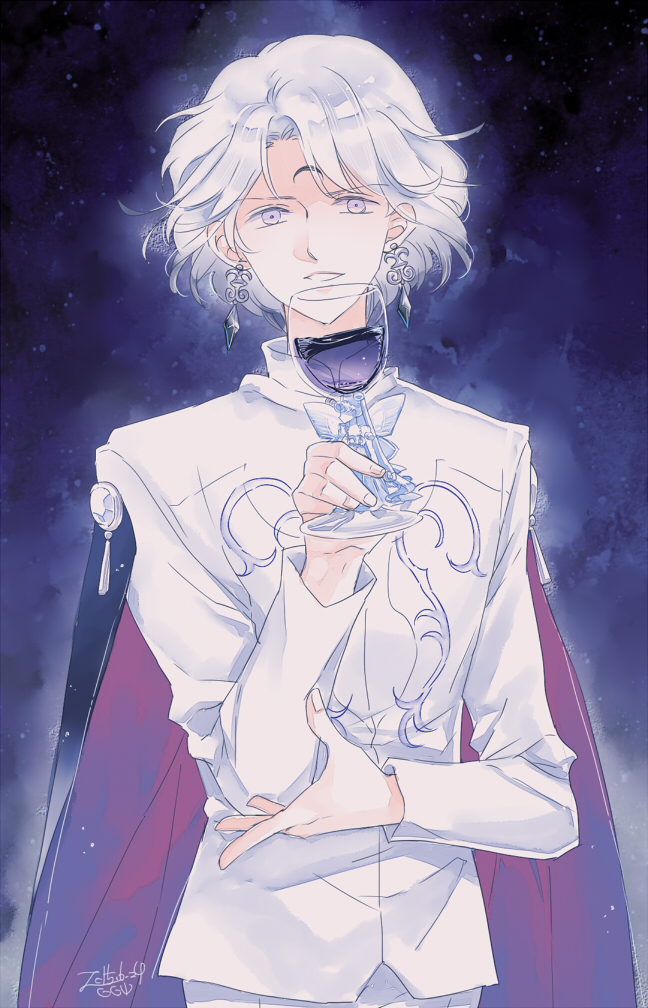 1boy bangs bishoujo_senshi_sailor_moon cape crescent cup earrings facial_mark forehead_mark gem glass holding jewelry lavender_eyes long_sleeves looking_at_viewer male_focus neo_queen_serenity parted_bangs parted_lips prince_diamond saki_(hxaxcxk) short_hair signature solo tsukino_usagi white_hair wine_glass