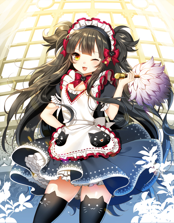 1girl black_hair long_hair maid maid_headdress myoya one_eye_closed open_mouth pantyhose print_legwear smile solo two_side_up very_long_hair yellow_eyes