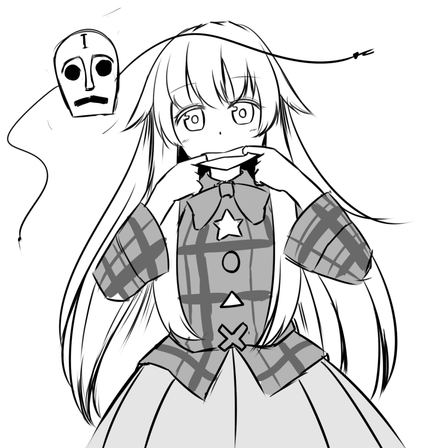 1girl :&lt; bowtie bubble_skirt expressionless fingersmile ganmaganmo hata_no_kokoro long_hair mask monochrome plaid plaid_shirt shirt skirt solo touhou very_long_hair