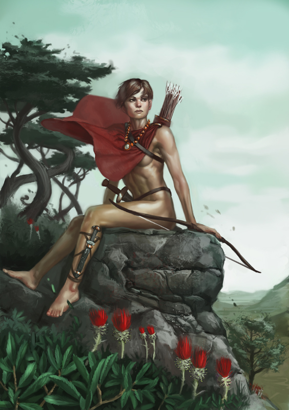 1girl abs amazon arrow barefoot bow_(weapon) cape convenient_censoring feet flower forest jewelry knife muscle nature necklace nude original quiver rock short_hair short_sword sitting_on_rock sword tan_skin tribal weapon