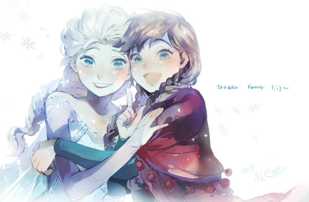 2girls anna_(frozen) blonde_hair blue_eyes brown_hair elsa_(frozen) frozen_(disney) green_eyes hug multiple_girls panbukin siblings sisters smile