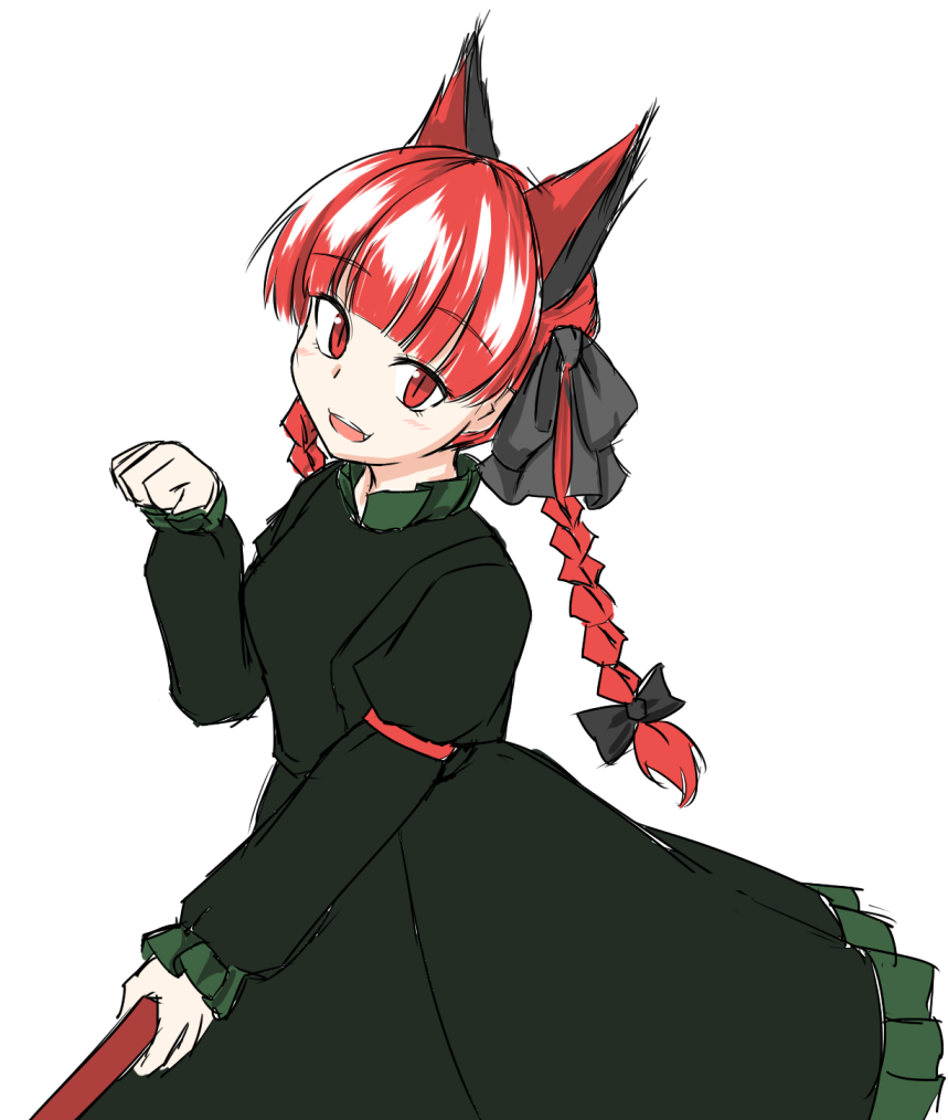 1girl :d animal_ears bangs blunt_bangs cat_ears dress extra_ears fang ganmaganmo juliet_sleeves kaenbyou_rin long_sleeves looking_at_viewer open_mouth paw_pose puffy_sleeves red_eyes redhead slit_pupils smile solo touhou