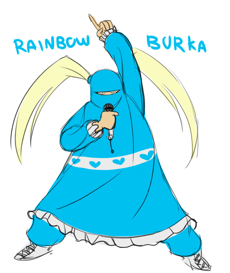 1girl adapted_costume arm_up blonde_hair burqa commentary covered_face full_body greenmarine long_hair microphone pointing pointing_up pose rainbow_mika sketch solo street_fighter street_fighter_v twintails