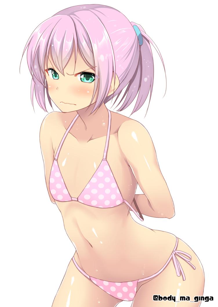 &gt;:| 1girl angry aqua_eyes arms_behind_back bare_shoulders bikini blush body_mahattaya_ginga flat_chest hair_ornament kantai_collection leaning leaning_forward looking_at_viewer navel pink_hair polka_dot polka_dot_swimsuit ponytail shiranui_(kantai_collection) short_hair simple_background solo swimsuit twitter_username wavy_mouth white_background