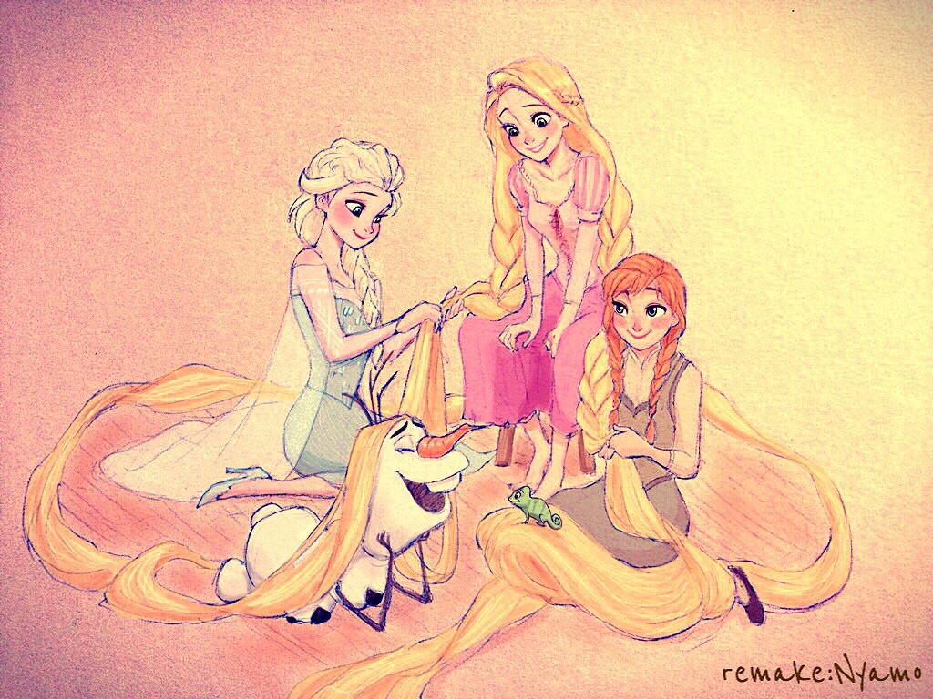 3girls anna_(frozen) elsa_(frozen) frozen_(disney) long_hair multiple_girls nyamo olaf_(frozen) rapunzel_(disney) tangled