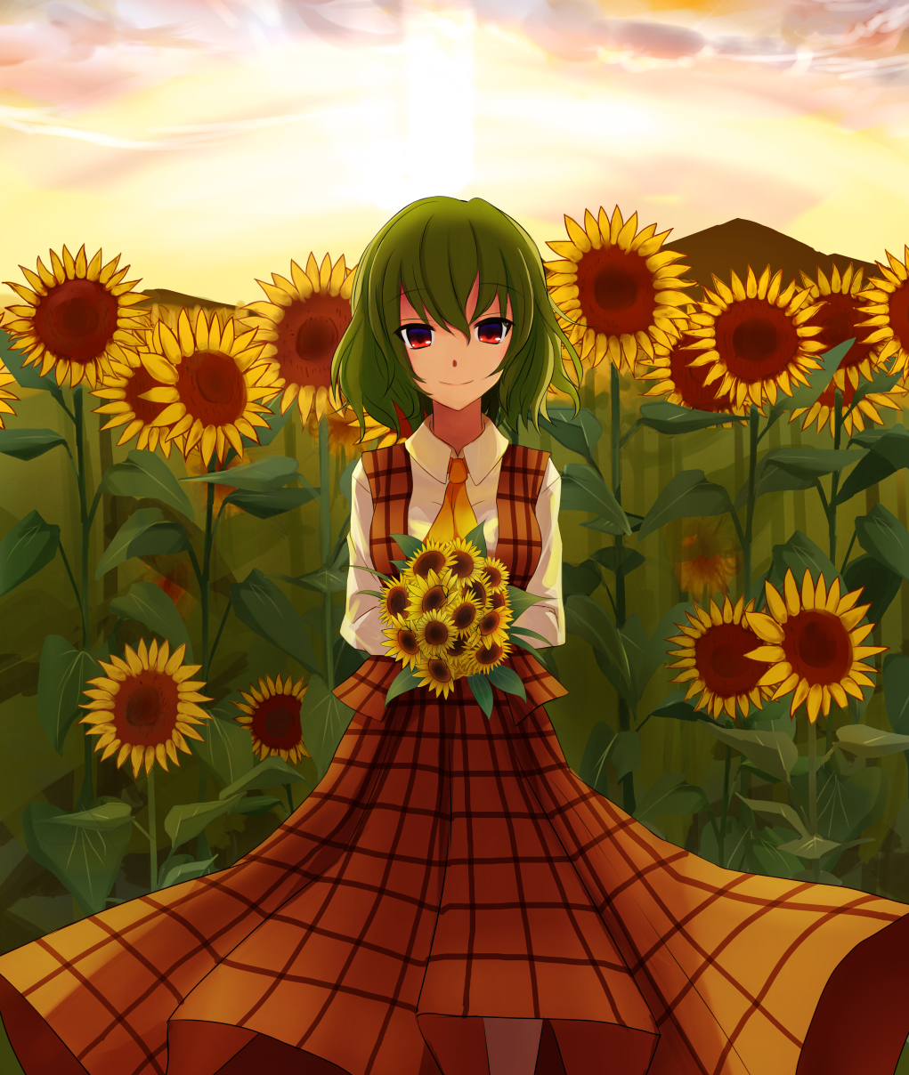1girl bouquet cowboy_shot flower garden_of_the_sun green_hair hasu_(lausdys) highres holding holding_flower kazami_yuuka long_skirt long_sleeves looking_at_viewer mountain outdoors plaid plaid_skirt plaid_vest red_eyes short_hair skirt skirt_set solo sunflower touhou twilight upper_body