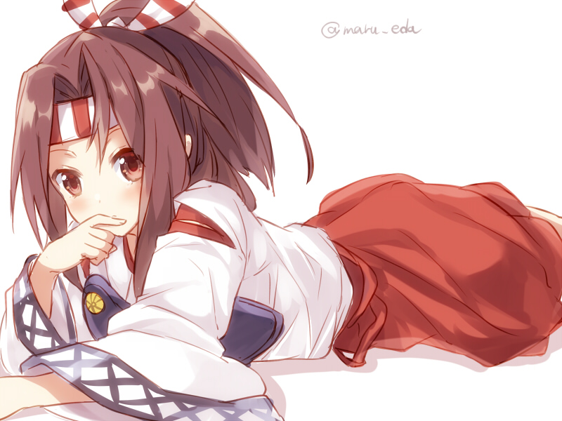 1girl brown_eyes brown_hair covering_mouth headband japanese_clothes kantai_collection lying maruki_(punchiki) muneate on_stomach ponytail twitter_username white_background zuihou_(kantai_collection)