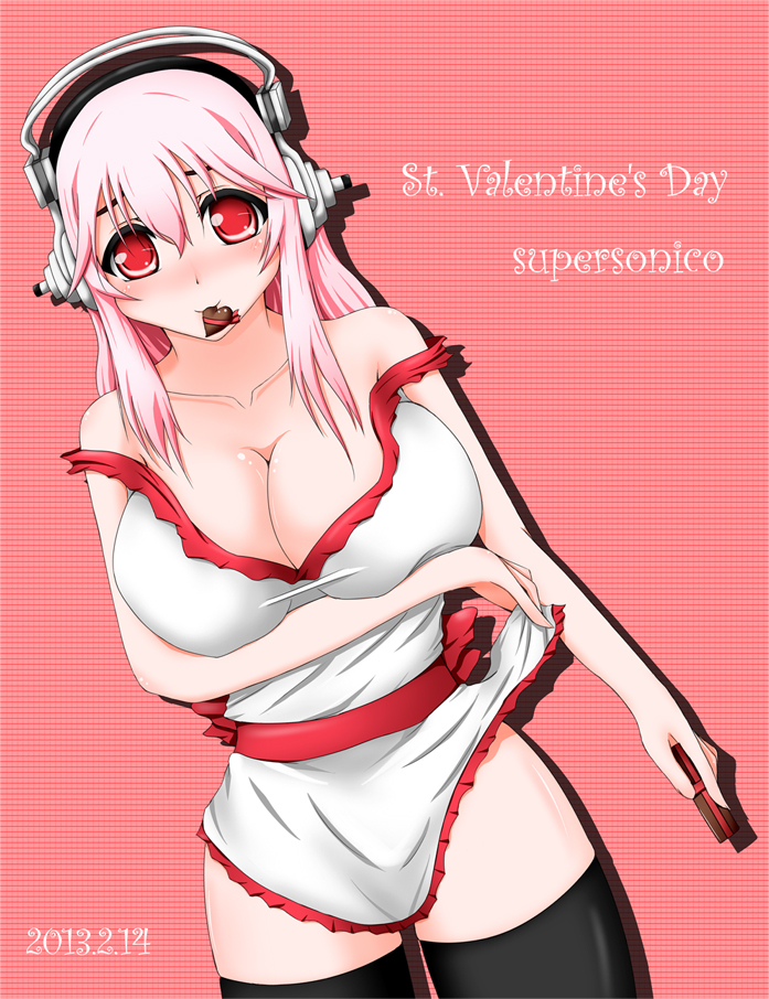 1girl apron bare_shoulders blush breasts chocolate chocolate_heart cleavage headphones heart ion_(artist) large_breasts long_hair looking_at_viewer mouth_hold naked_apron nitroplus off_shoulder pink_hair red_eyes smile solo strap_slip super_sonico thigh-highs valentine