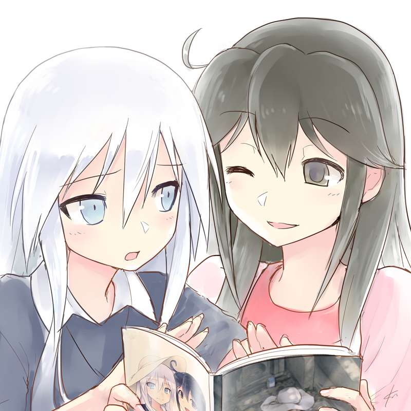 2girls black_hair blue_eyes book casual ebizome grey_eyes hibiki_(kantai_collection) kantai_collection long_hair manga_(object) multiple_girls no_hat one_eye_closed open_mouth sidelocks silver_hair smile upper_body ushio_(kantai_collection)